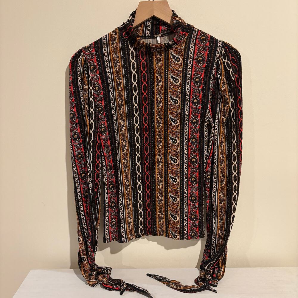 Free People Donatella Paisley Stripe Tie Sleeve Top Small 70s Boho Whimsygoth - Picture 2 of 6